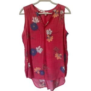 Como Blu Red Floral Sleeveless Blouse Women’s Size L High Low Hem | Lightweight